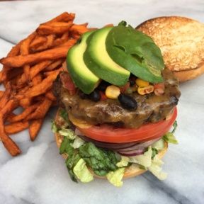 Gluten-free Southwestern Style Burger with sweet potato fries